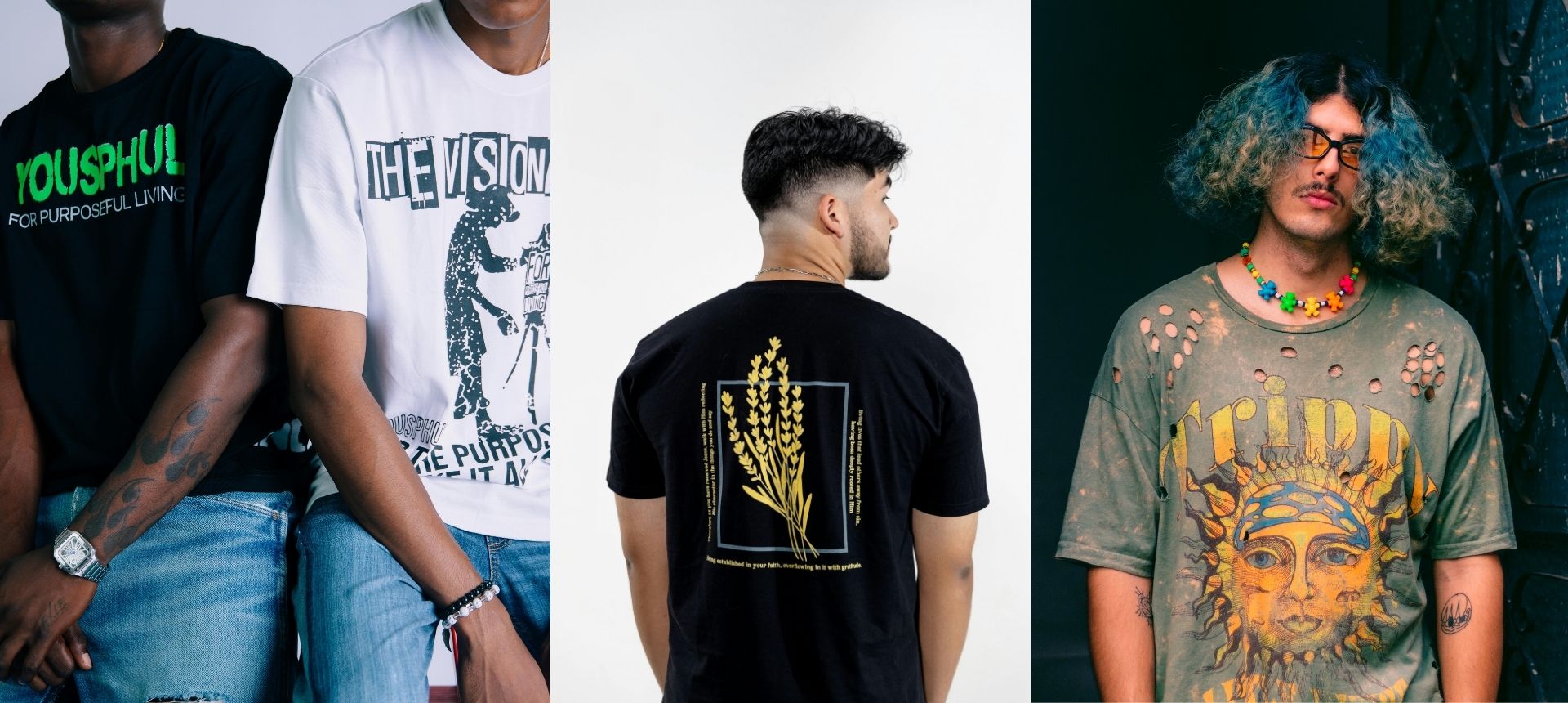 Three men wear graphic t-shirts: the first two are seated, one in black, one in white; the third stands sideways showing wheat art on his black shirt; the fourth has curly hair, sunglasses, a necklace, and wears a t-shirt with a large sun face design.