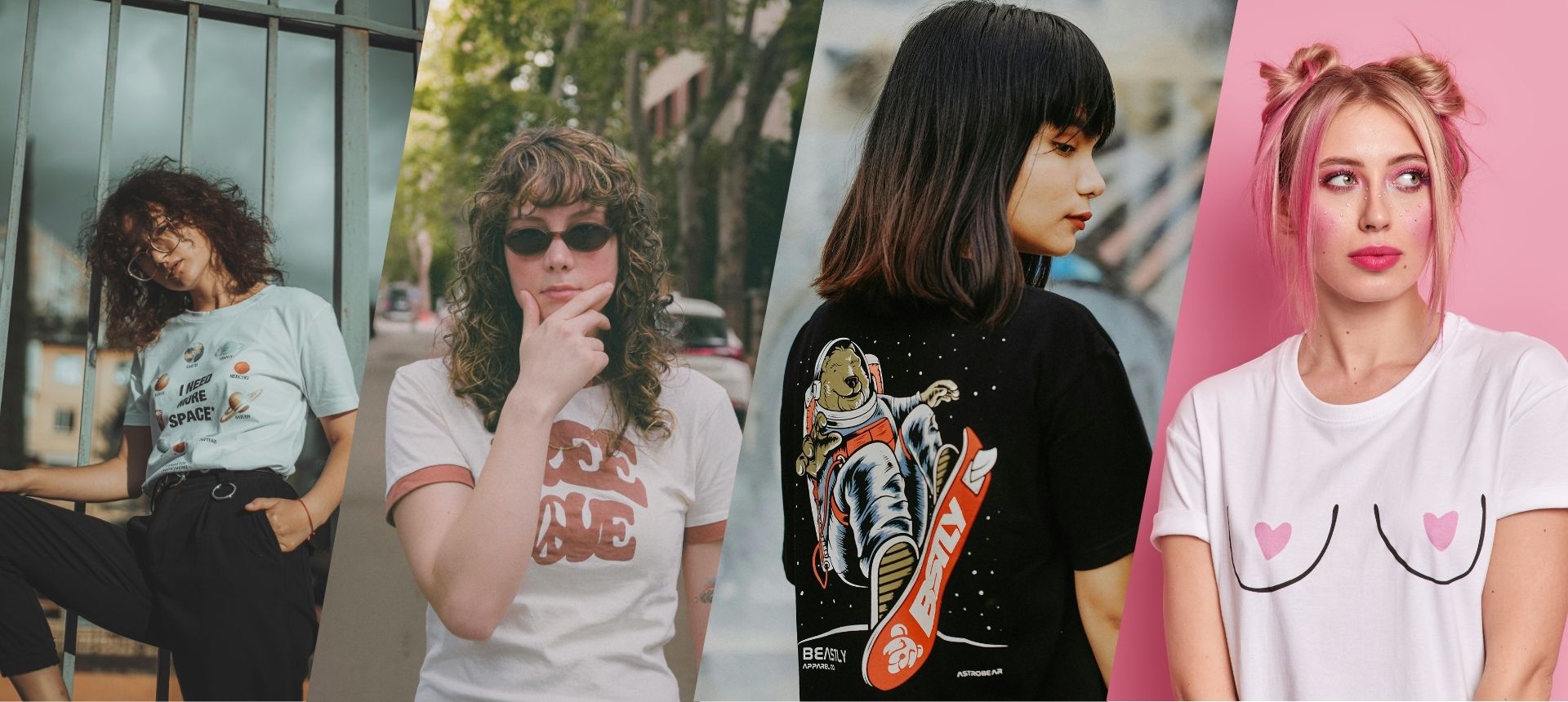 Four women pose in graphic t-shirts: one leans on a fence, one stands outdoors with sunglasses, one faces away showing a skateboard astronaut design, and one stands against a pink wall in a shirt with a minimalist chest illustration.