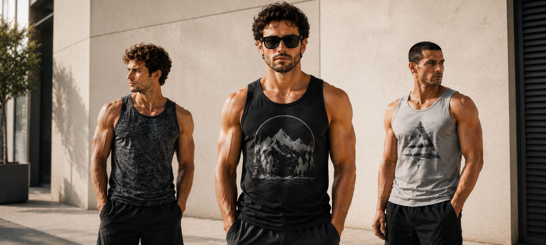 Three men wearing patterned tank tops and dark shorts stand outside against a modern concrete wall, with the man in the center wearing sunglasses and standing slightly ahead of the others.