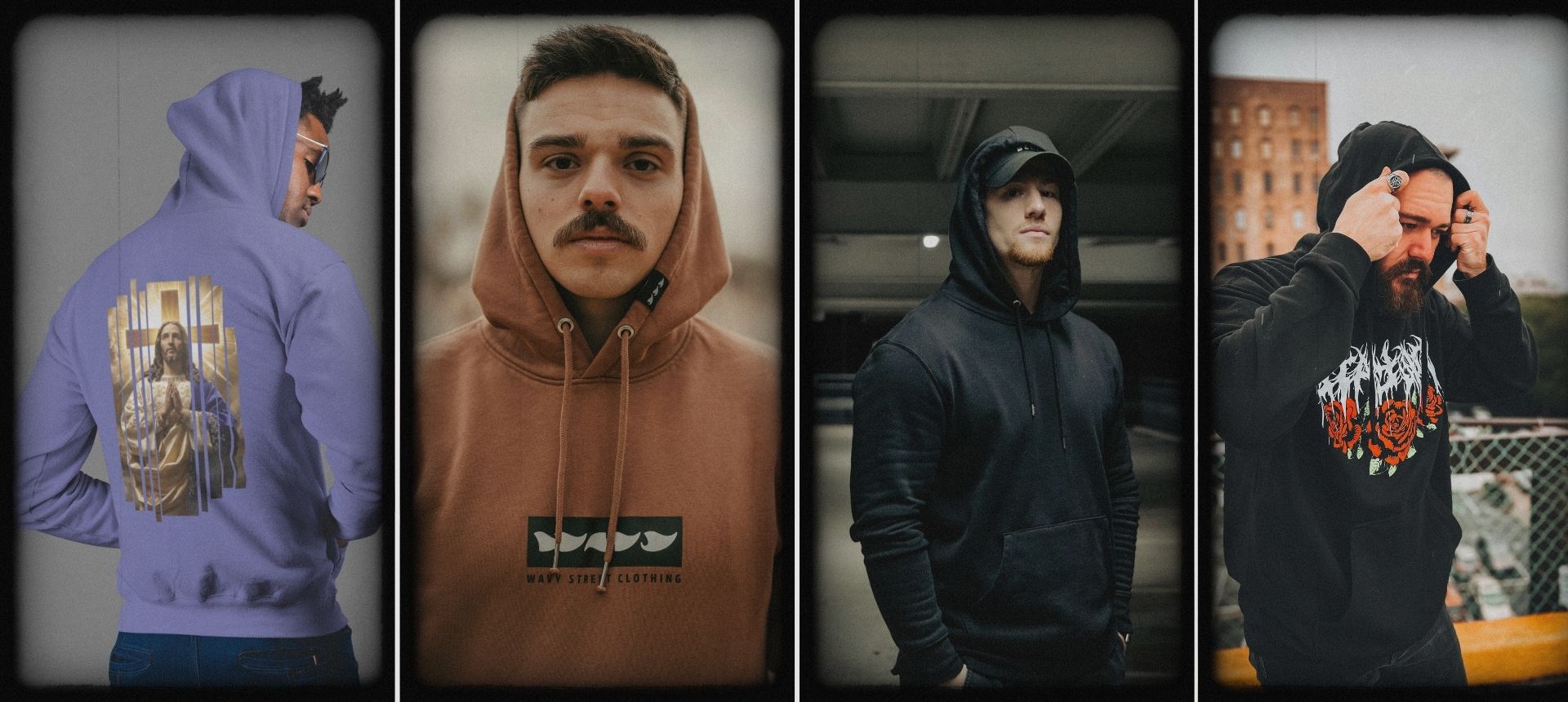 Four men wearing different hoodies stand in separate frames. The first shows the back of a purple hoodie with a gold design, the second is a brown hoodie with a logo, the third is a plain black hoodie, and the fourth is a black hoodie with a print.