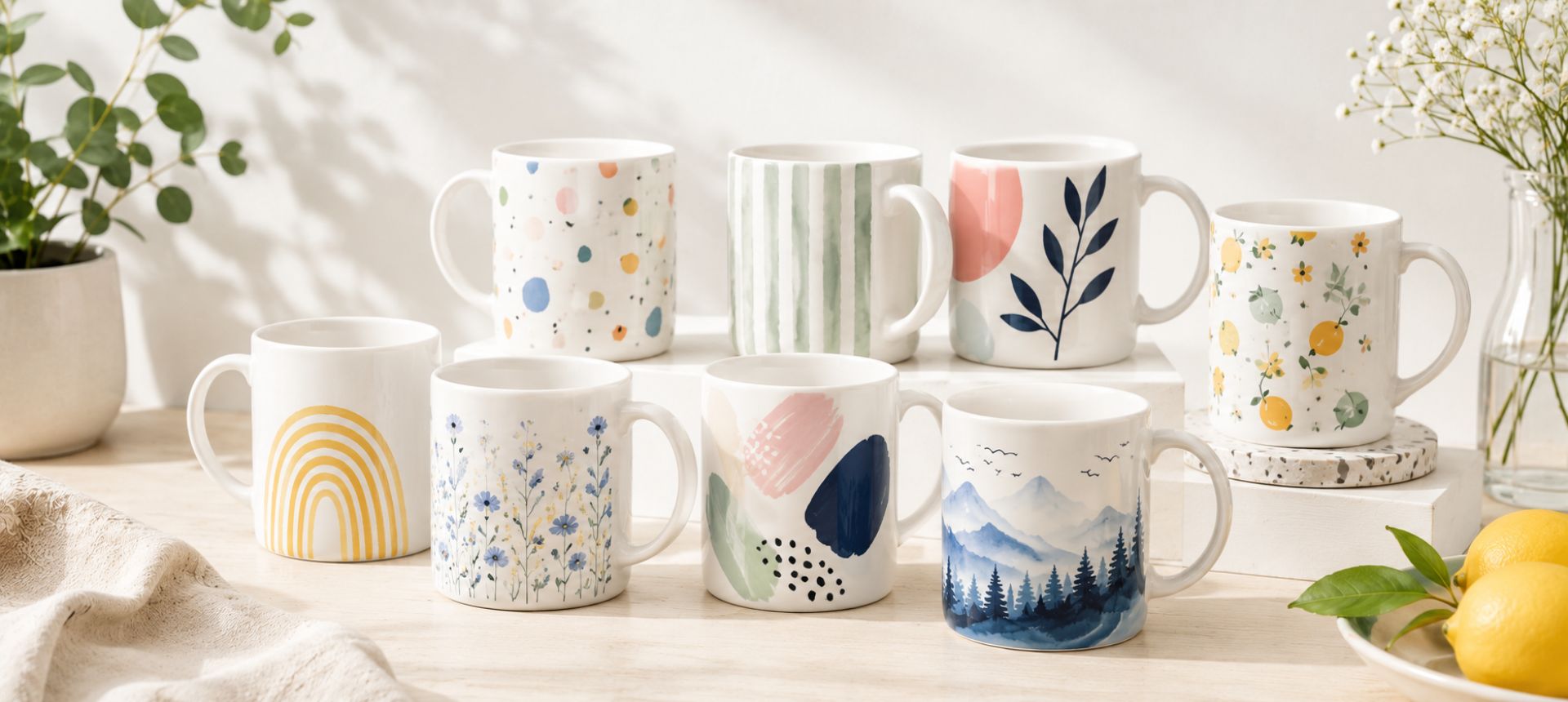 Seven ceramic mugs with different colorful patterns—rainbow, flowers, abstract shapes, leaves, fruits, and mountains—are displayed on a light wooden table, surrounded by potted plants, flowers, and lemons in soft natural light.