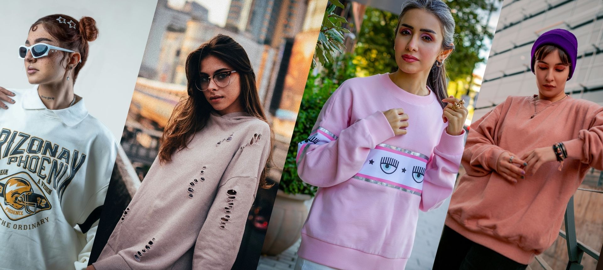 Four women stand separately, each wearing a different oversized sweatshirt in white, light pink, pastel pink, and peach, posing stylishly outdoors with urban and leafy backgrounds.