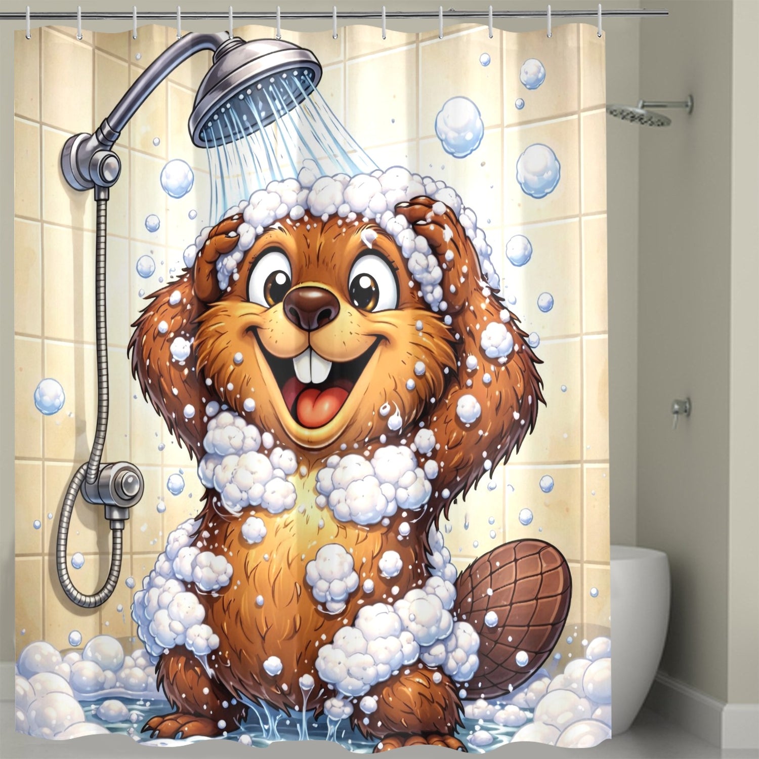 Shower curtain with a cartoon beaver taking a shower surrounded by bubbles.