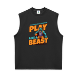 A black sleeveless athletic tank top featuring a colorful graphic of a basketball player and the text 'PRACTICE LIKE A CHAMPION PLAY LIKE A BEAST'.