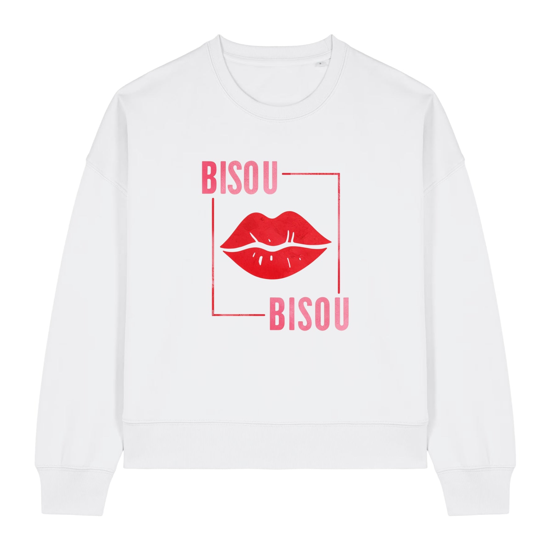Stanley/Stella White sweatshirt with red lips and 'BISOU' text on a white background