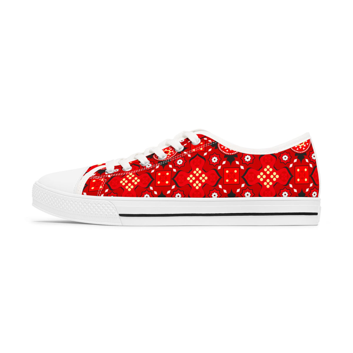 Red patterned sneaker on a white background