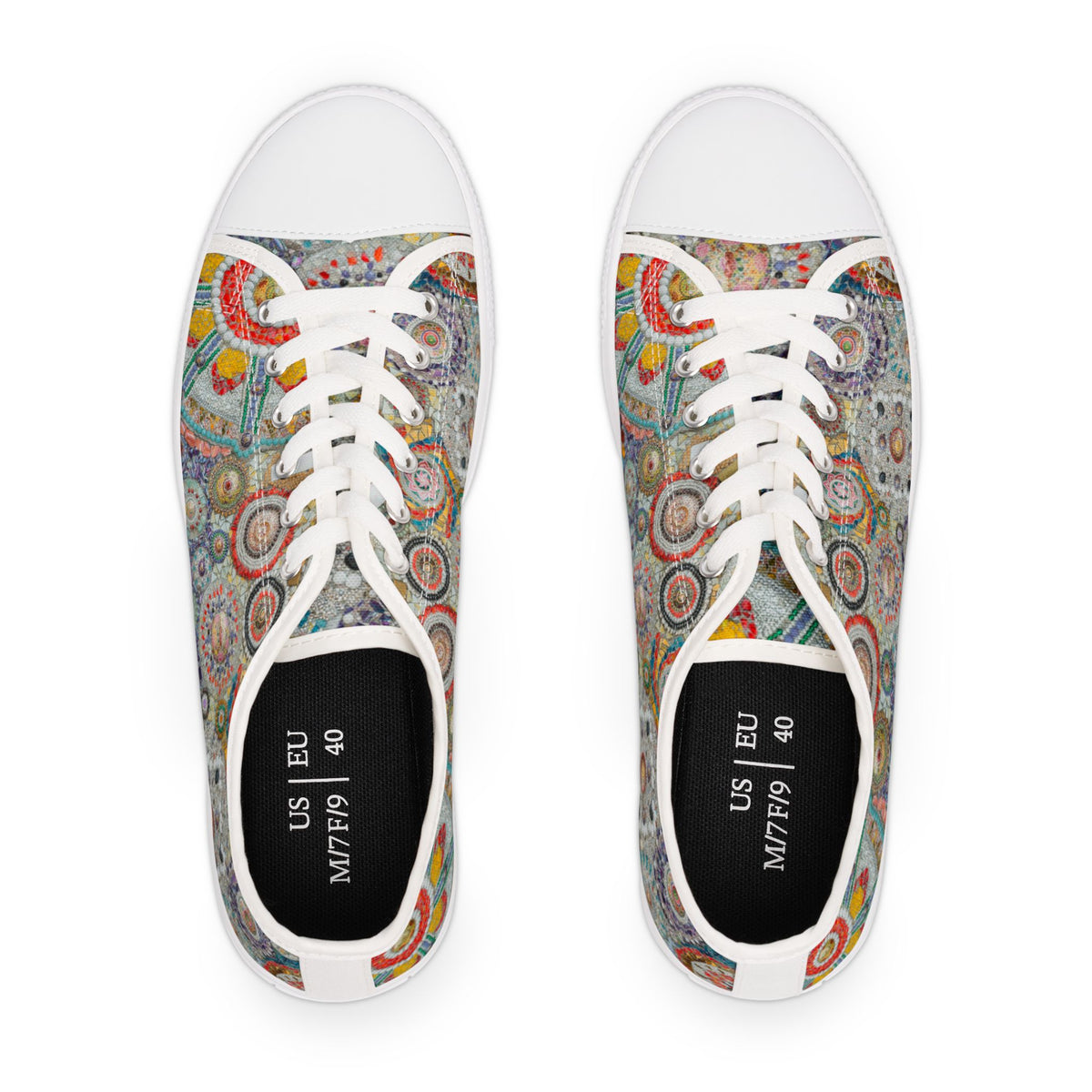 Colorful patterned womens sneakers with white laces on a white background