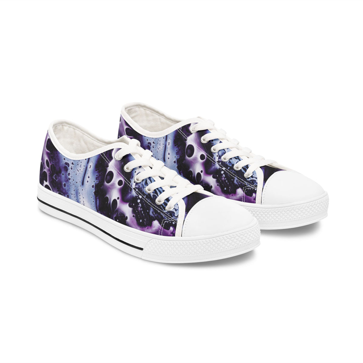 Pair of sneakers with a purple and blue abstract design on a white background