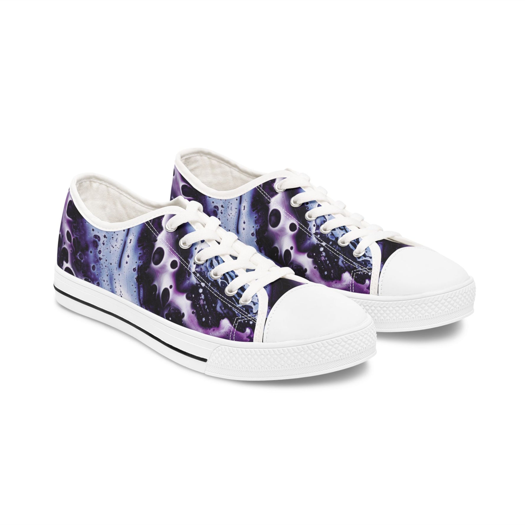 Pair of sneakers with a purple and blue abstract design on a white background