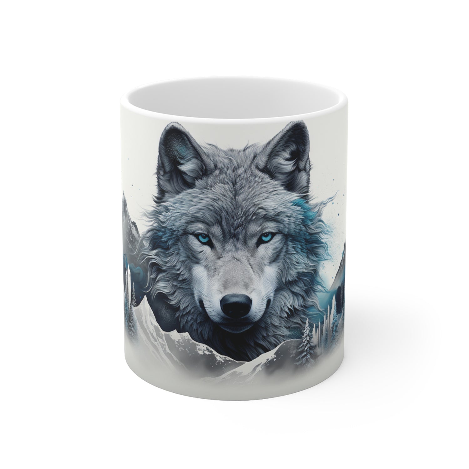 Mug with a wolf design on a white background