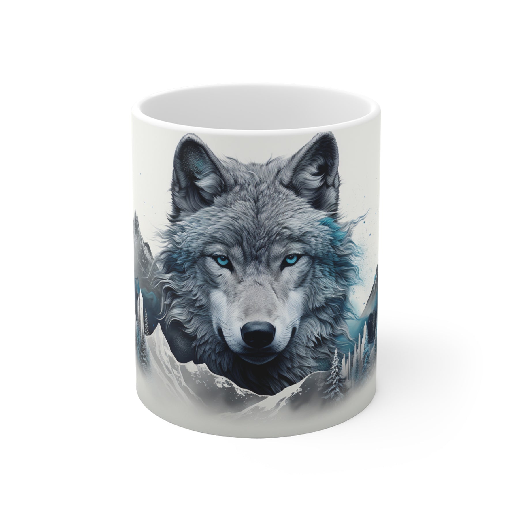 Mug with a wolf design on a white background
