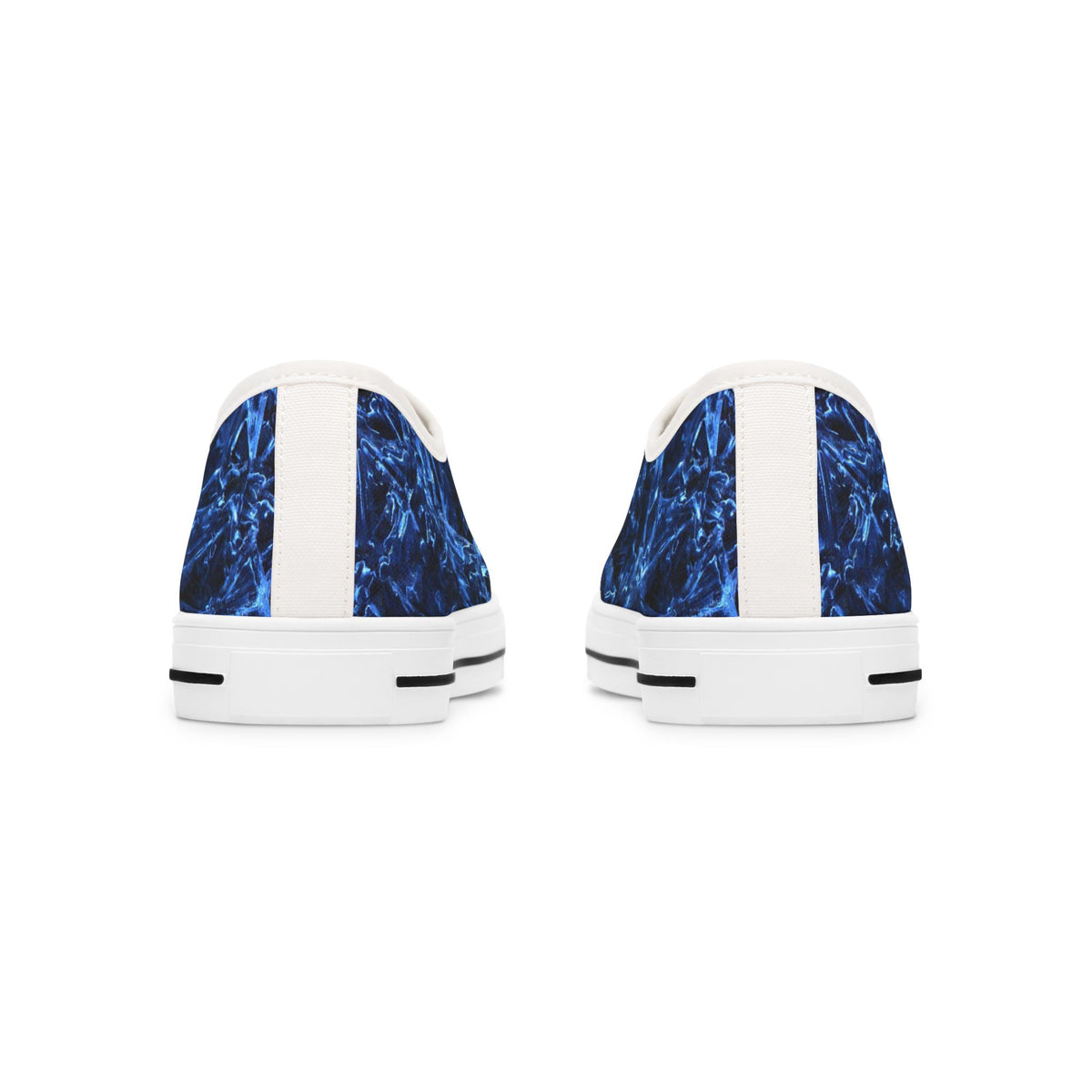 Womens white sneakers with blue marbled pattern on a white background