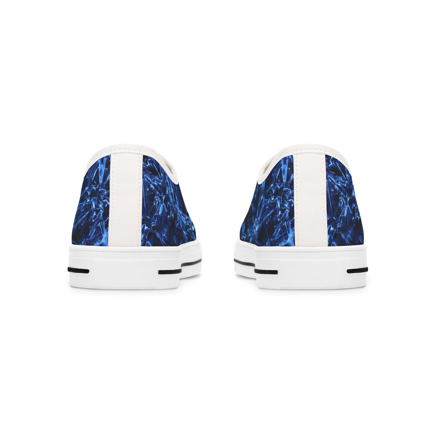 Womens white sneakers with blue marbled pattern on a white background