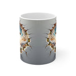 Gray mug with a cracked surface design on a white background
