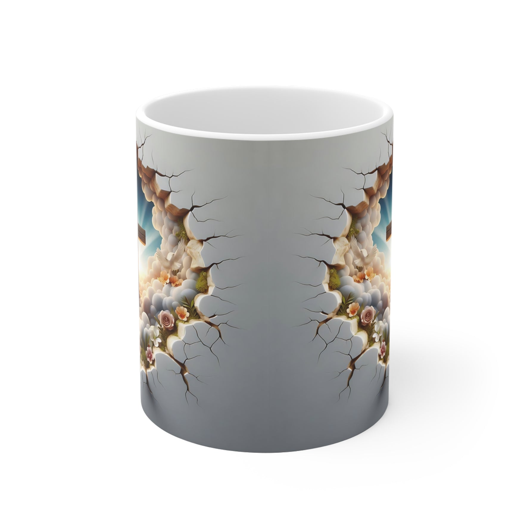 Gray mug with a cracked surface design on a white background