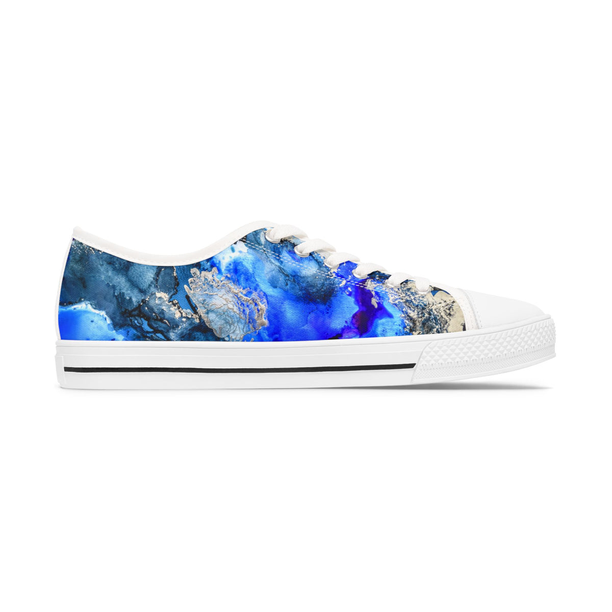 Sneaker with a blue and white abstract design on a white background
