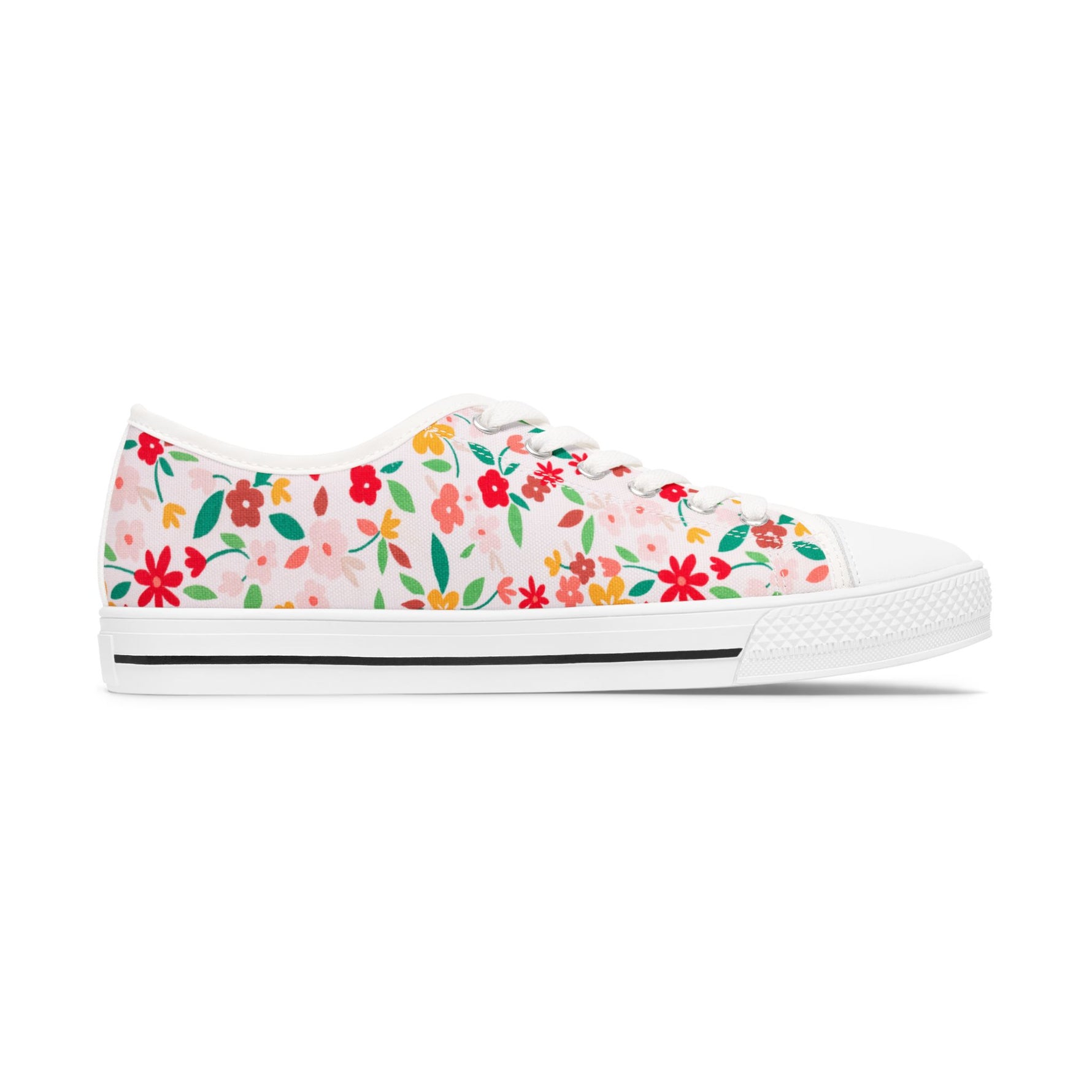 Womens White sneaker with colorful floral pattern on a white background