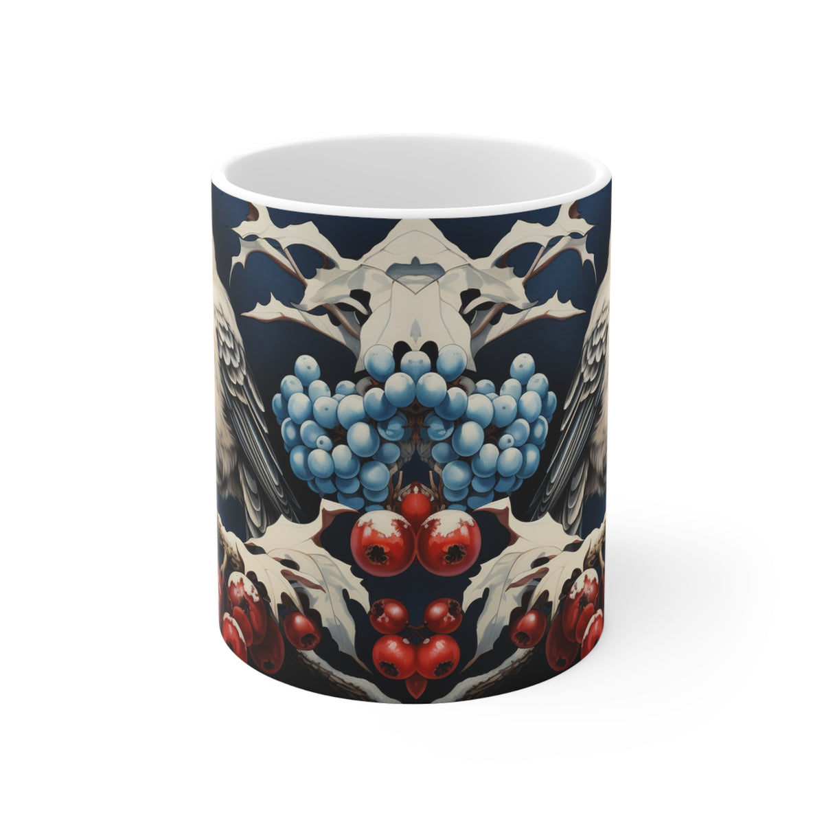 Mug with decorative design featuring berries and leaves on a white background