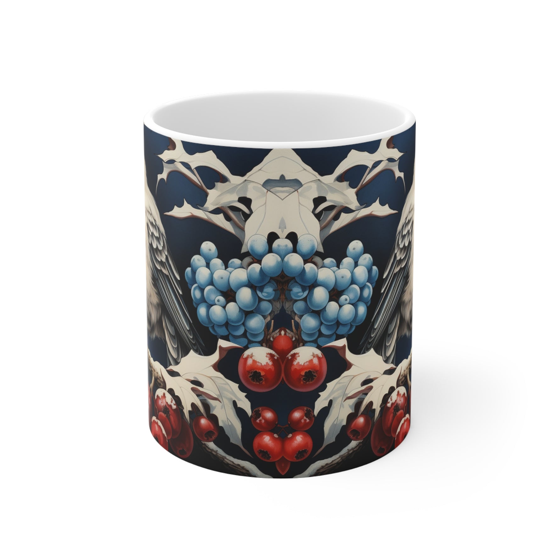 Mug with decorative design featuring berries and leaves on a white background