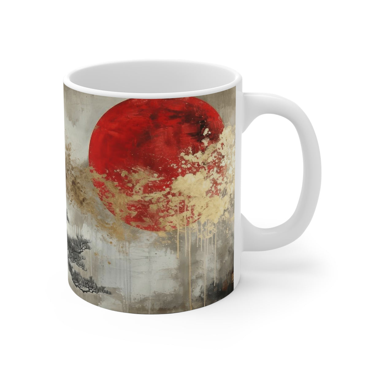 Mug with a red and beige abstract design on a white background