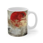 Mug with a red and beige abstract design on a white background