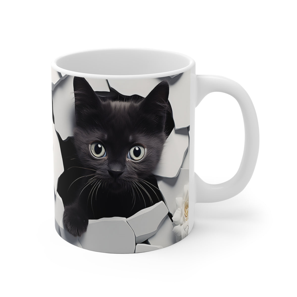 Mug with a design of a black cat peeking out from a cardboard box on a white background