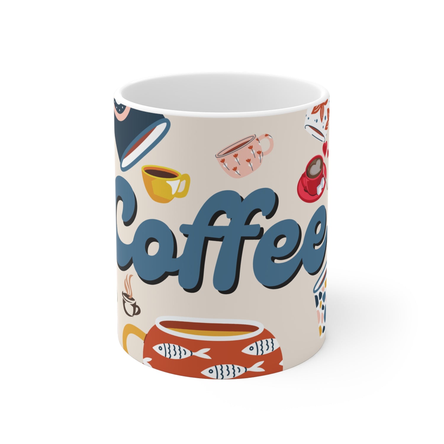 Mug with 'Coffee' text and various coffee-themed illustrations on a beige background