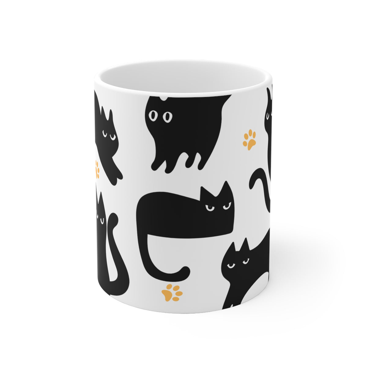 White mug with black cat pattern on a white background