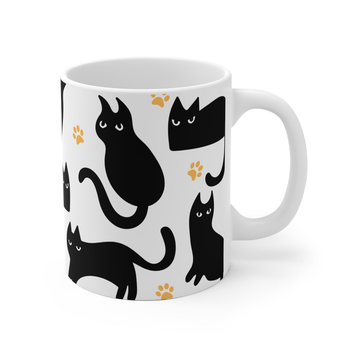 White mug with black cat illustrations and paw prints on a white background