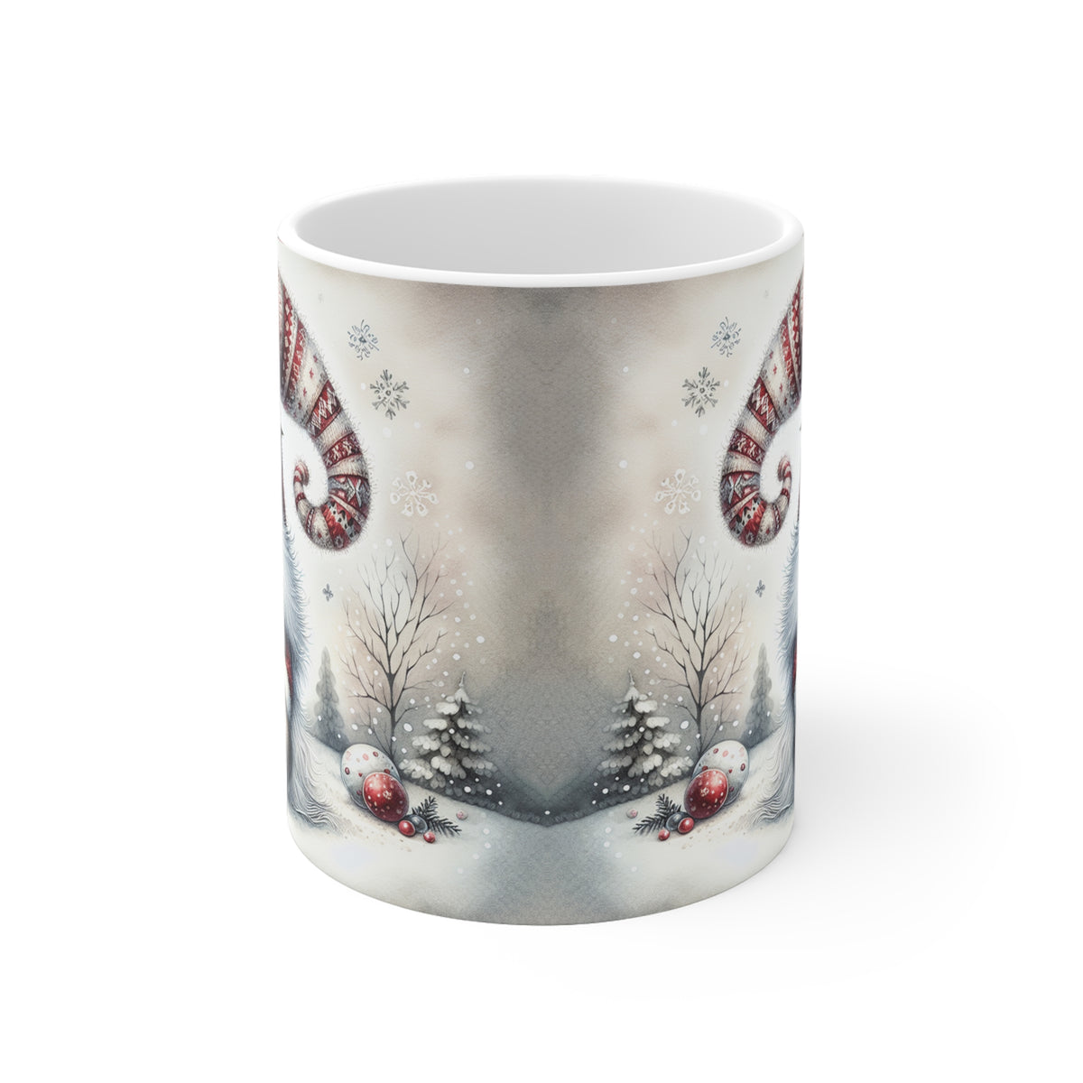 Mug with winter scene design featuring candy canes and snowmen on a white background