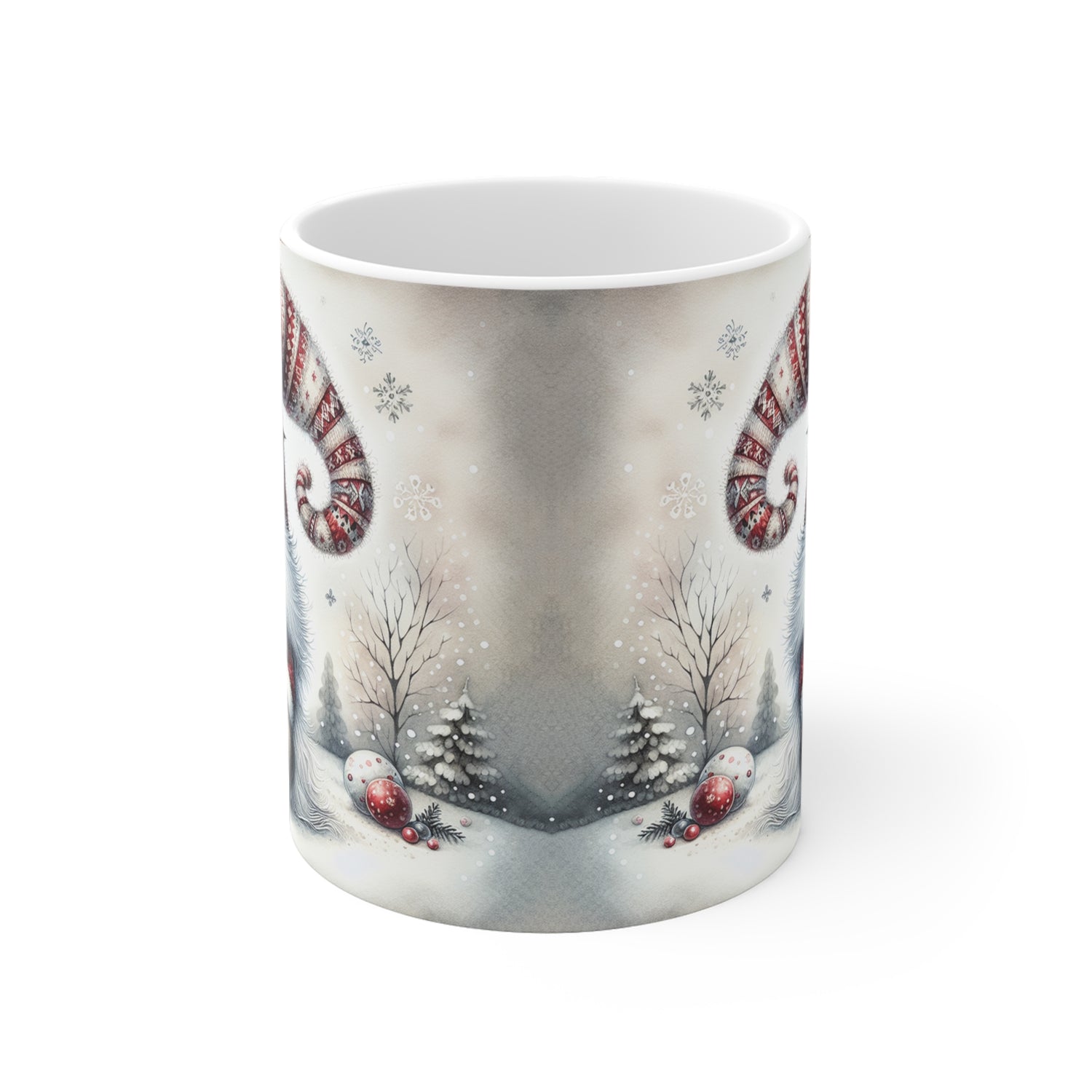 Mug with winter scene design featuring candy canes and snowmen on a white background
