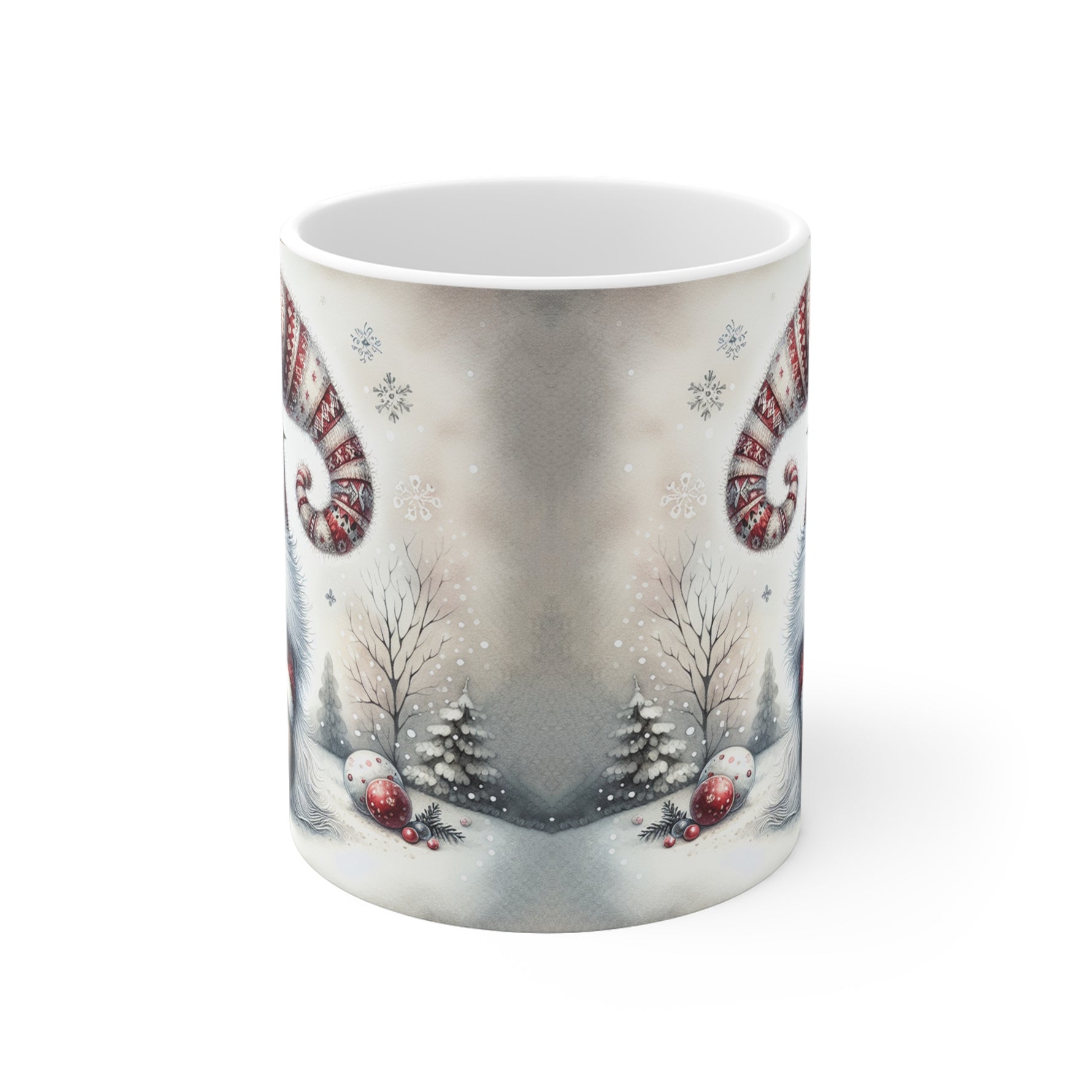 Mug with winter scene design featuring candy canes and snowmen on a white background