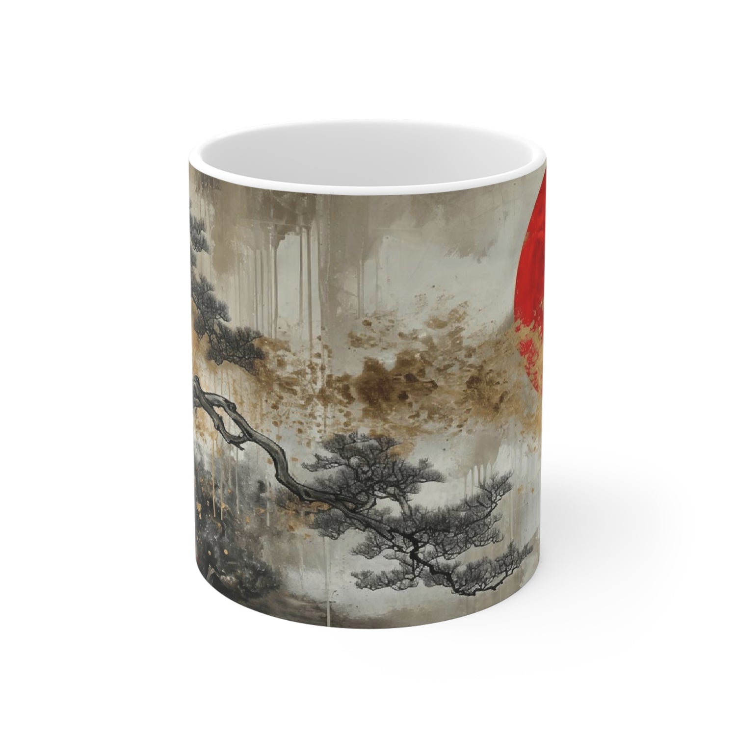 Mug with artistic asain design of a tree and landscape on a white background
