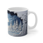 Mug with a winter landscape design featuring trees and mountains.