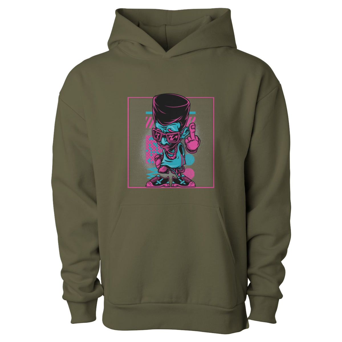 Green hoodie with a colorful graphic design on a white background