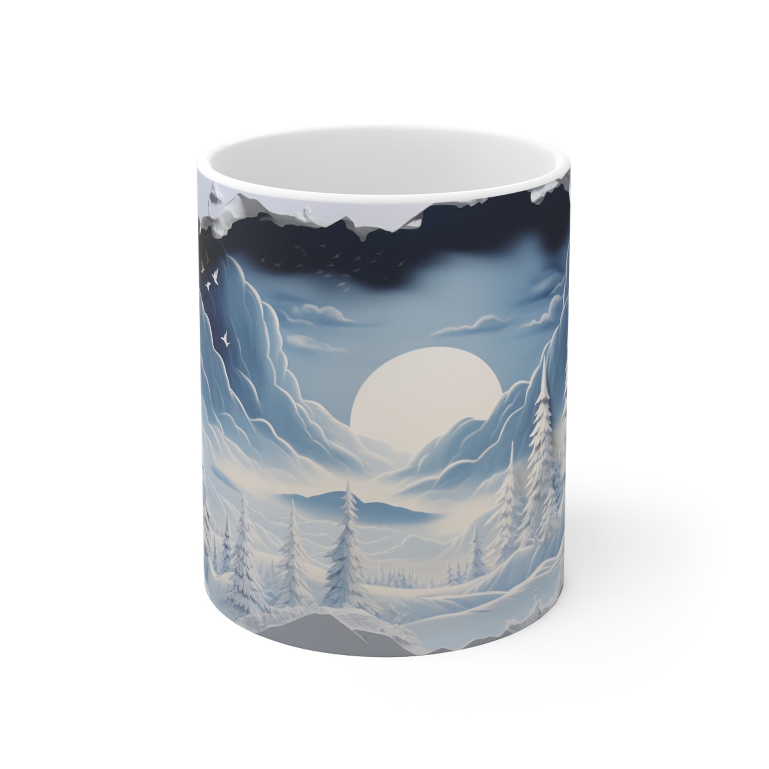 Mug with a mountain and moon design on a white background