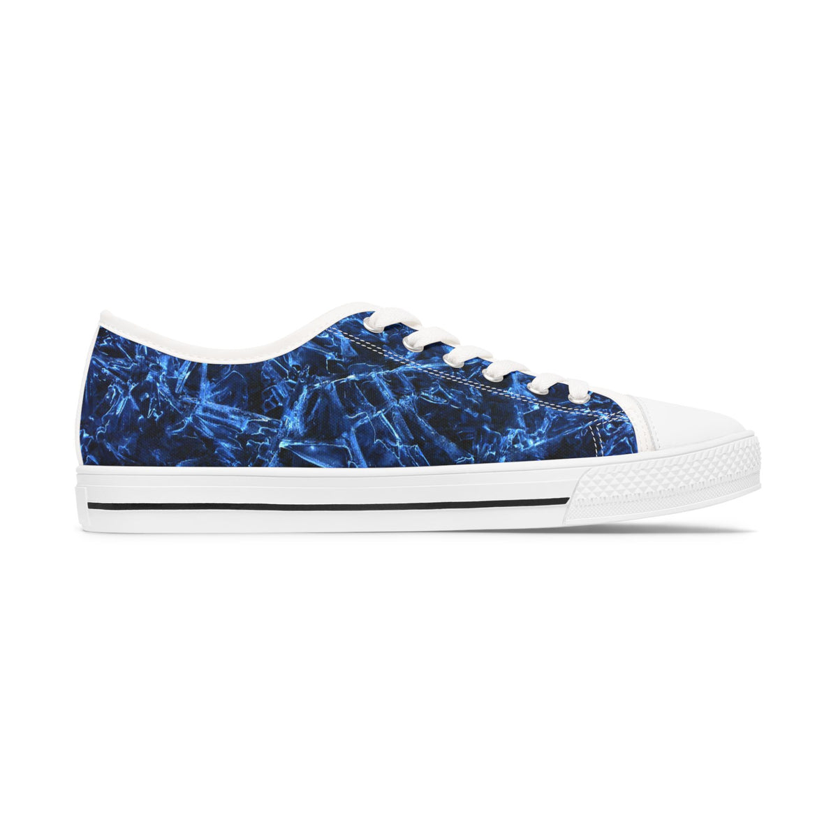 Blue marbled womens sneaker with white sole on a white background