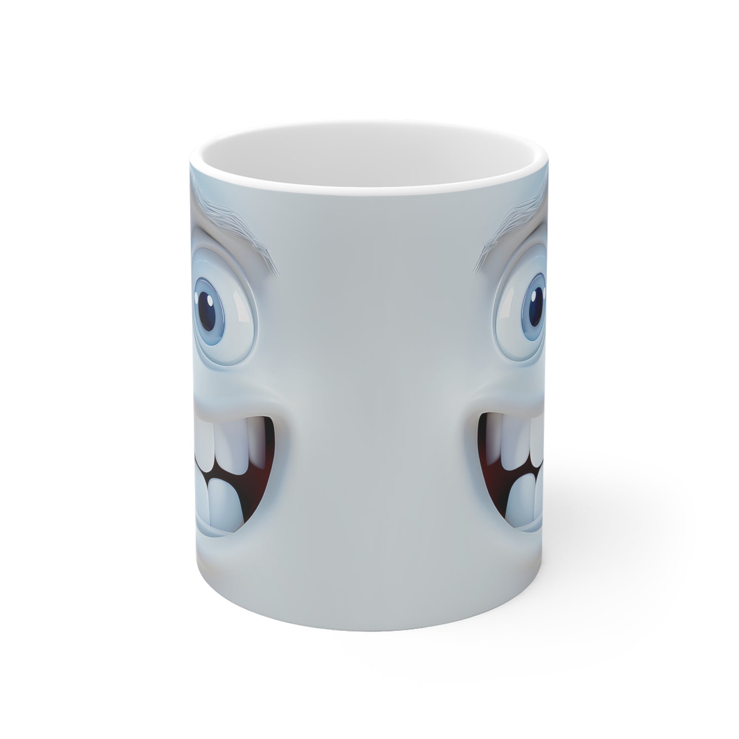 Mug with cartoonish face design featuring eyes and mouth on a white background
