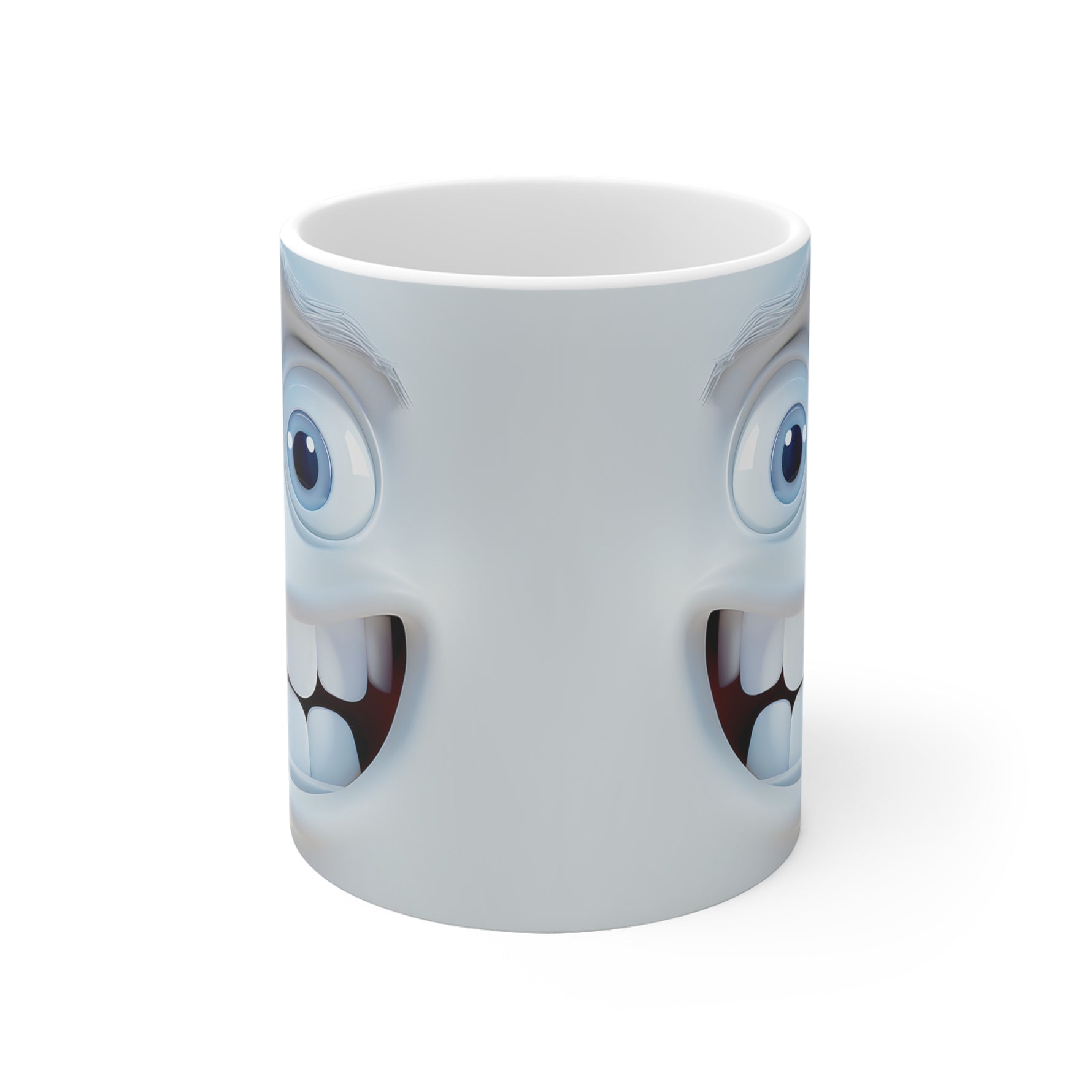 Mug with cartoonish face design featuring eyes and mouth on a white background