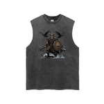 A sleeveless dark gray muscle tank top featuring a graphic print of a Viking warrior with a shield and wolf, set against a plain white background.