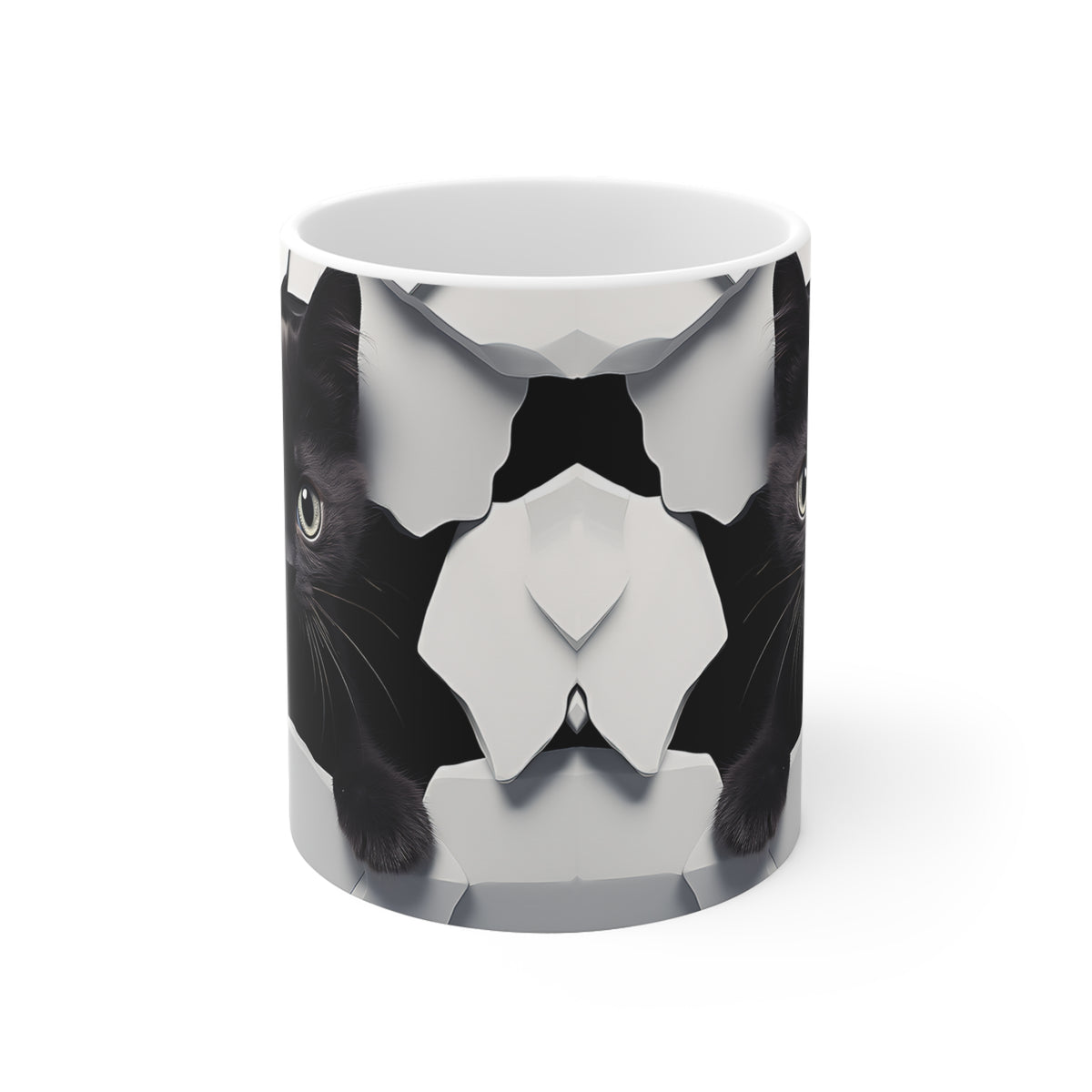 A white mug with a black cat design on a white background