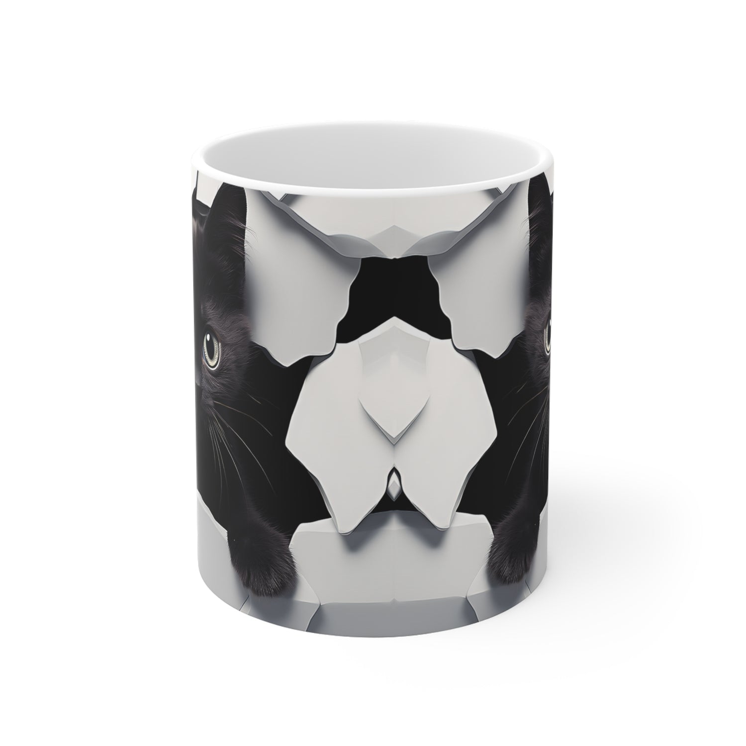 A white mug with a black cat design on a white background