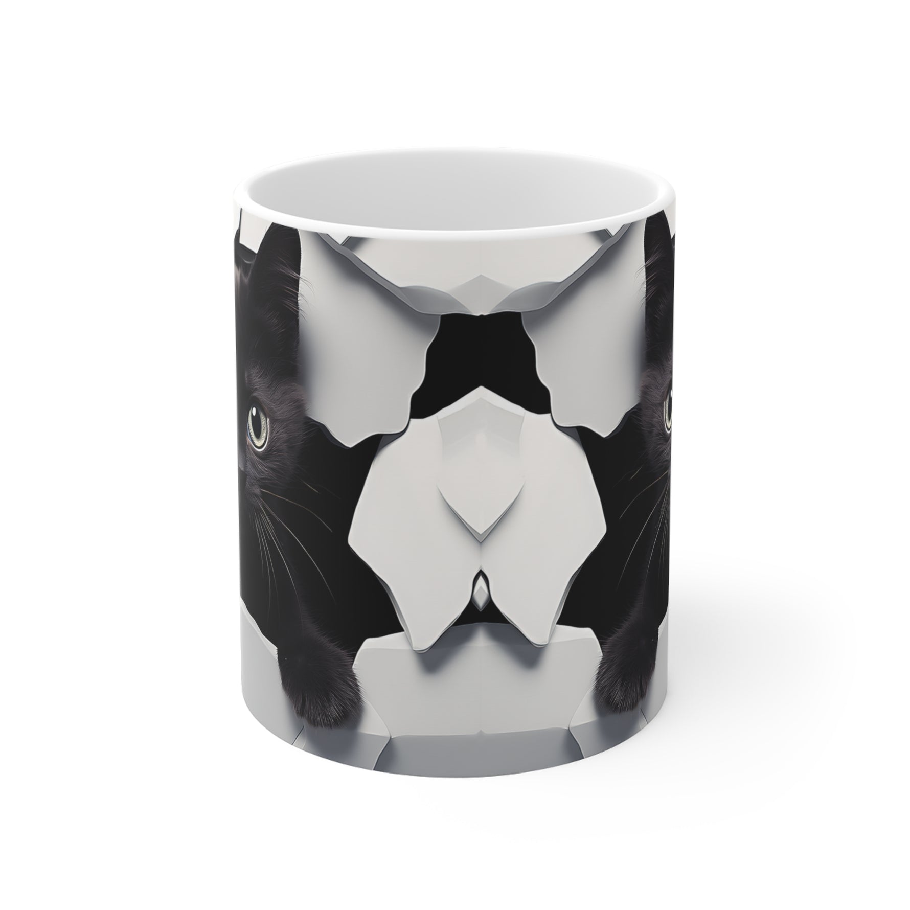 A white mug with a black cat design on a white background