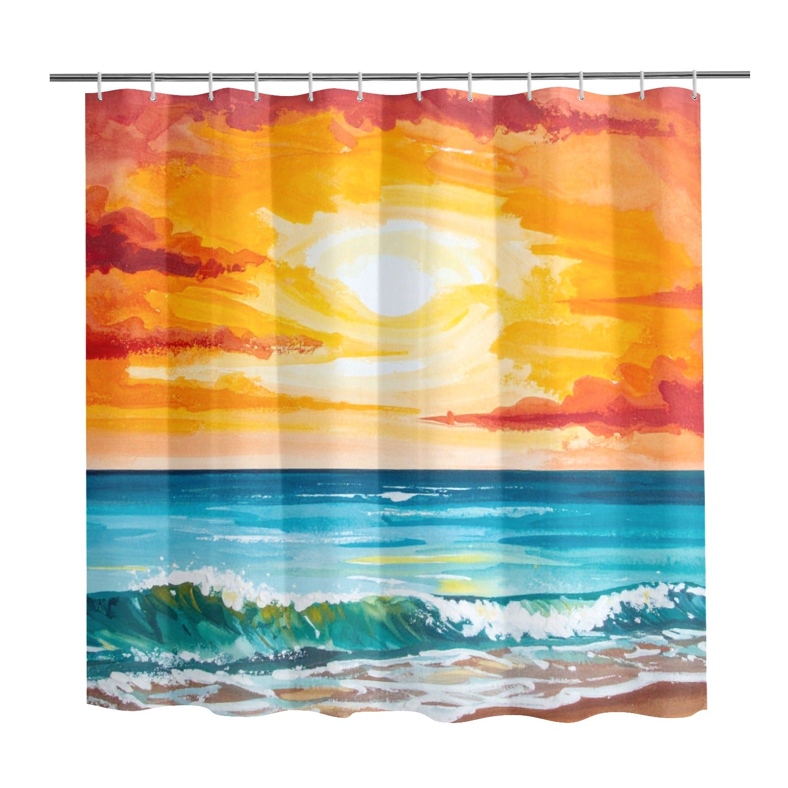 Shower curtain with a sunset over ocean design