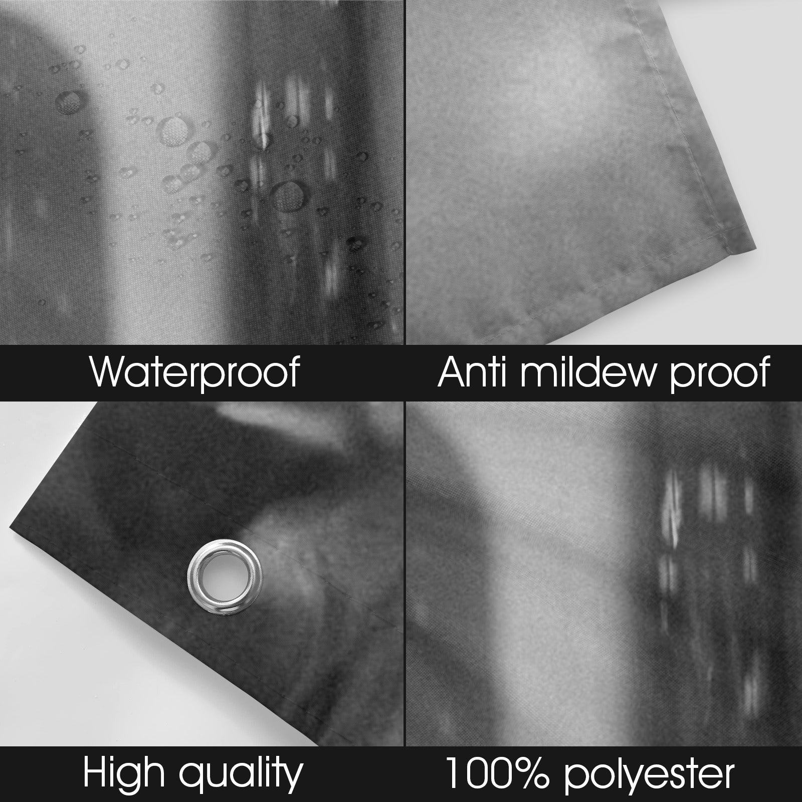 Collage of a waterproof and anti-mildew proof material with text labels.