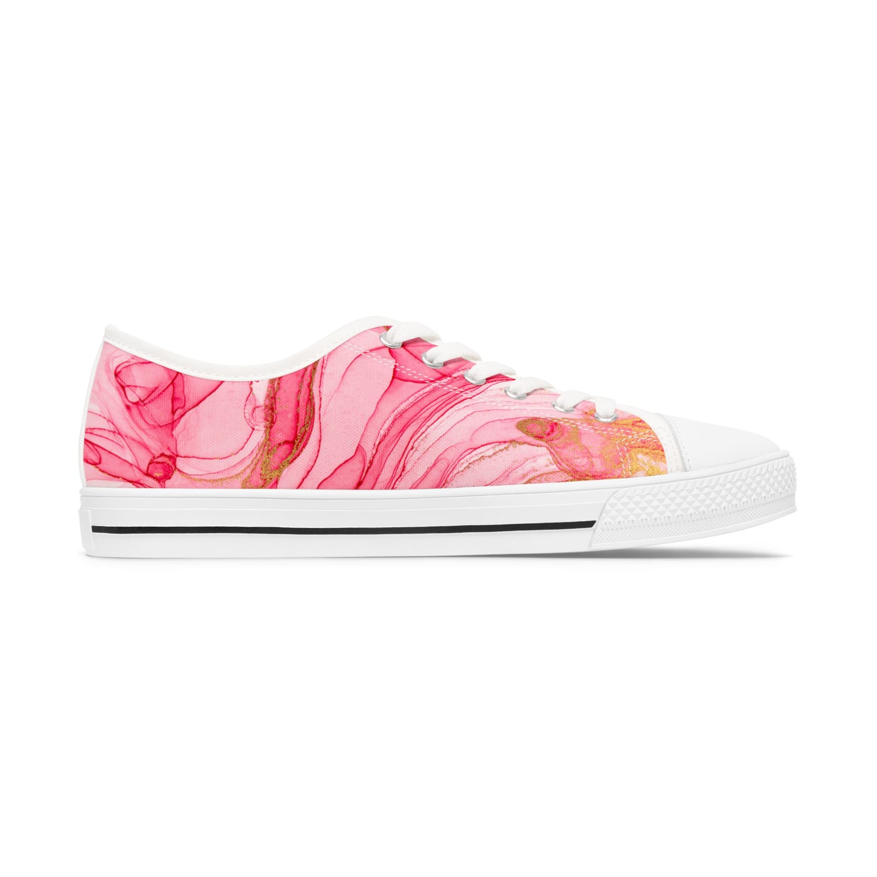 White sneaker with pink and orange abstract pattern on a white background