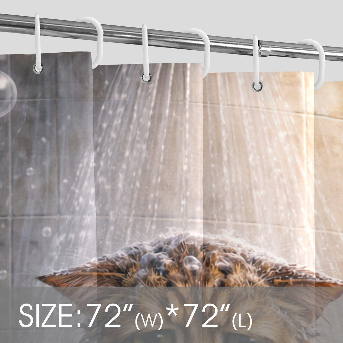 Shower curtain with a size label indicating 72 inches wide by 72 inches long, with a bathtub and tiled wall in the background.