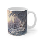 Mug with a winter scene of trees and snow on a white background