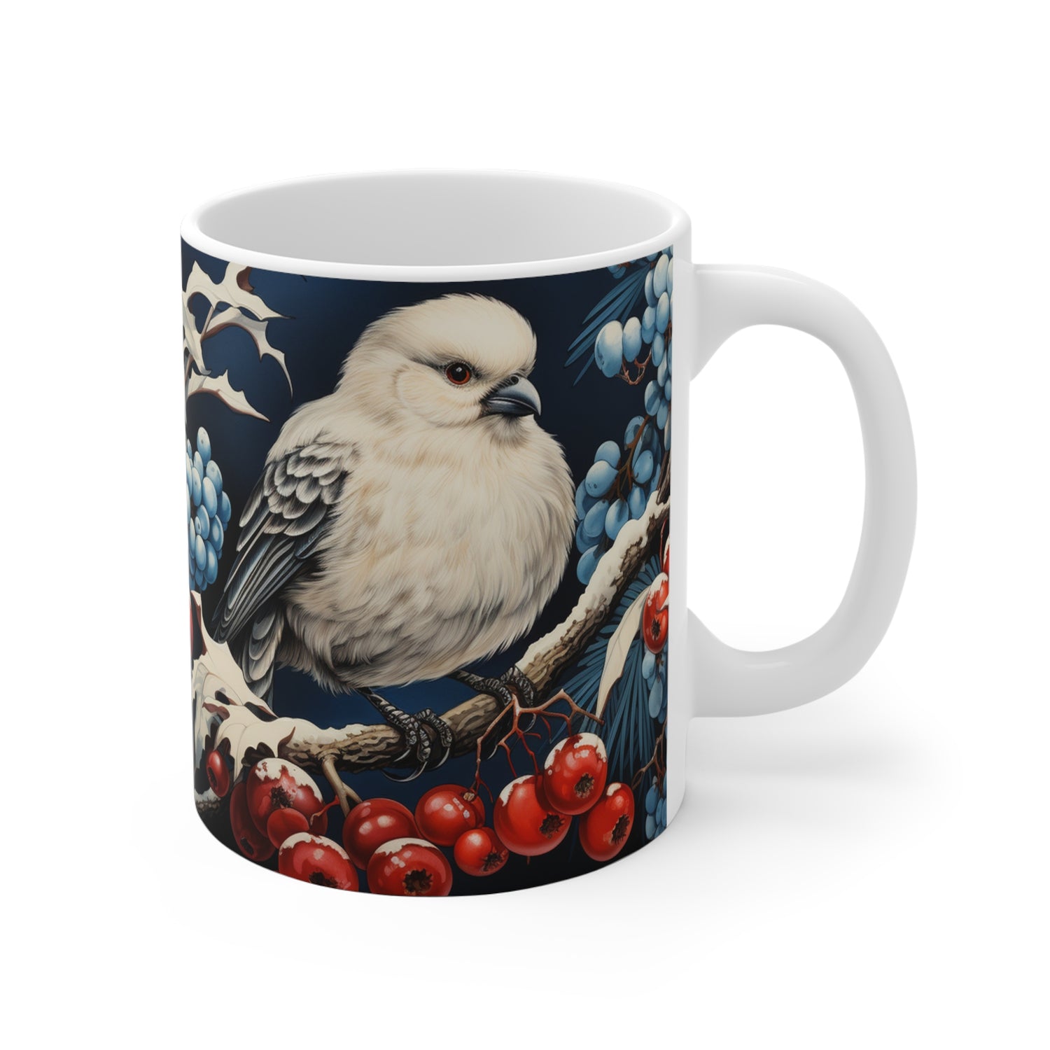 white ceramic Mug with a bird and berry design on a white background