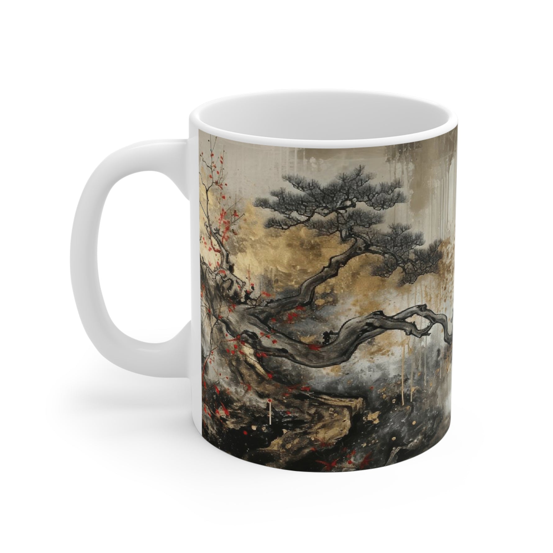 Mug with artistic asian design of a tree and landscape on a white background